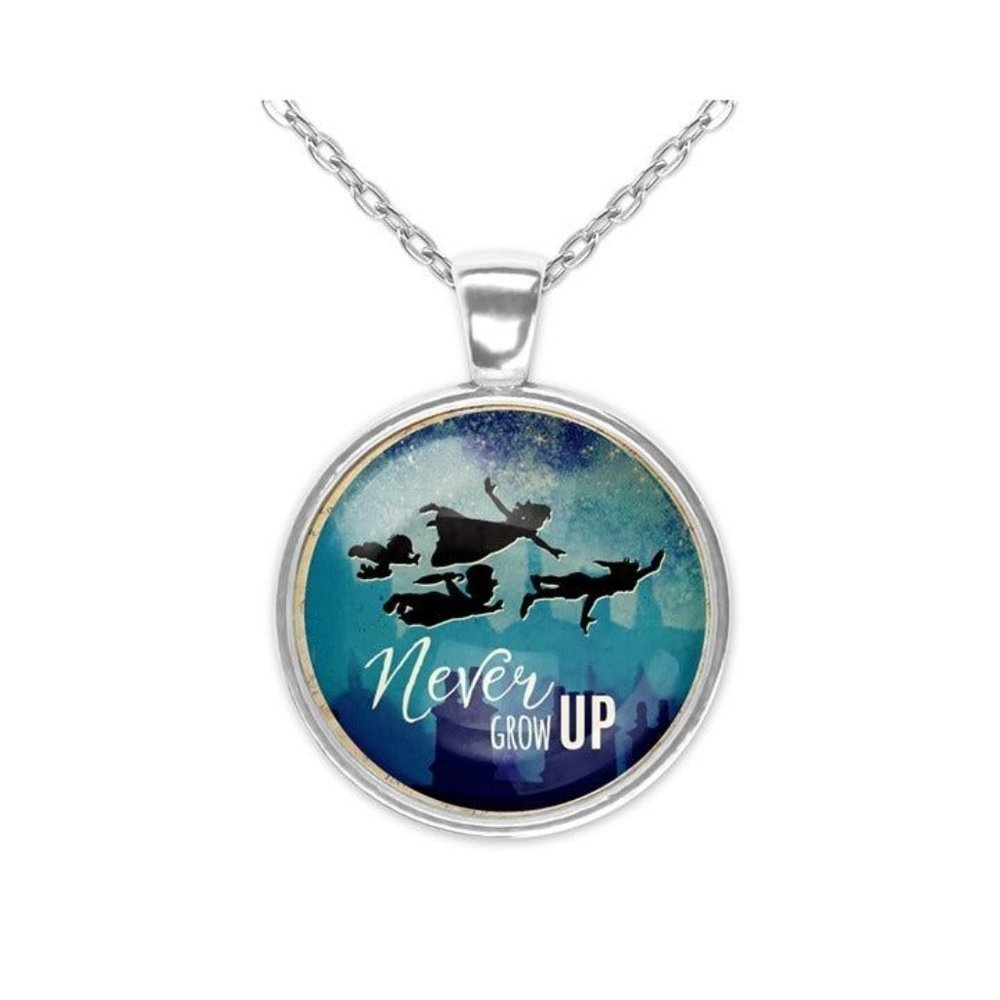 Never Grow Up Peter Pan Silver Glass Pendant Necklace New 20 Inch